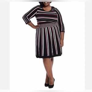 Sandra Darren Striped Round Neckline Knit Fit & Flare Midi Sweater Dress-2X